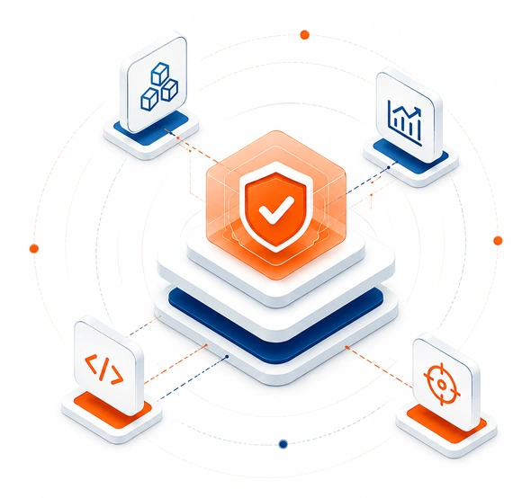 Isometric illustration of a secure architecture cube connected to code, growth, blocks, and target nodes