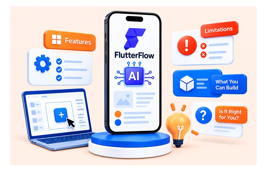 FlutterFlow AI illustration showing features, limitations, and what you can build with the platform