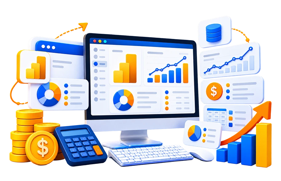 Illustration of a Power BI financial reporting dashboard on a desktop monitor surrounded by bar charts, pie charts, coins, and a calculator, representing financial data visualization and reporting