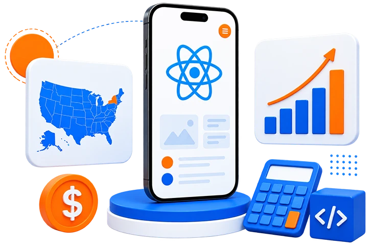 A smartphone displaying the React Native logo, surrounded by a US map, an upward growth chart, a calculator, a code icon, and a dollar coin, representing React Native app development cost in the USA