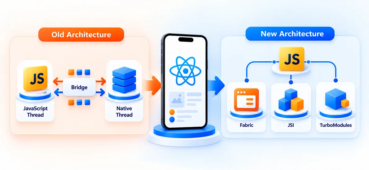 Comparison diagram of React Native's Old Architecture, where the JS thread and native thread communicate through a bridge, versus the New Architecture, where JS connects directly to Fabric, JSI, and TurboModules