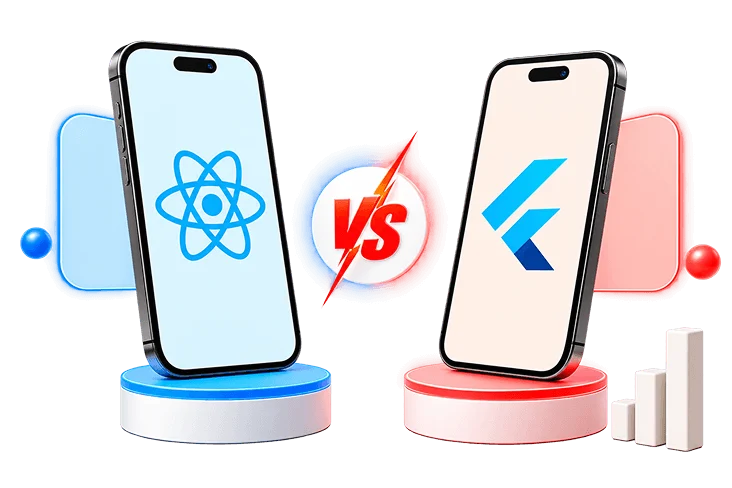 React Native and Flutter framework logos facing off in a versus comparison