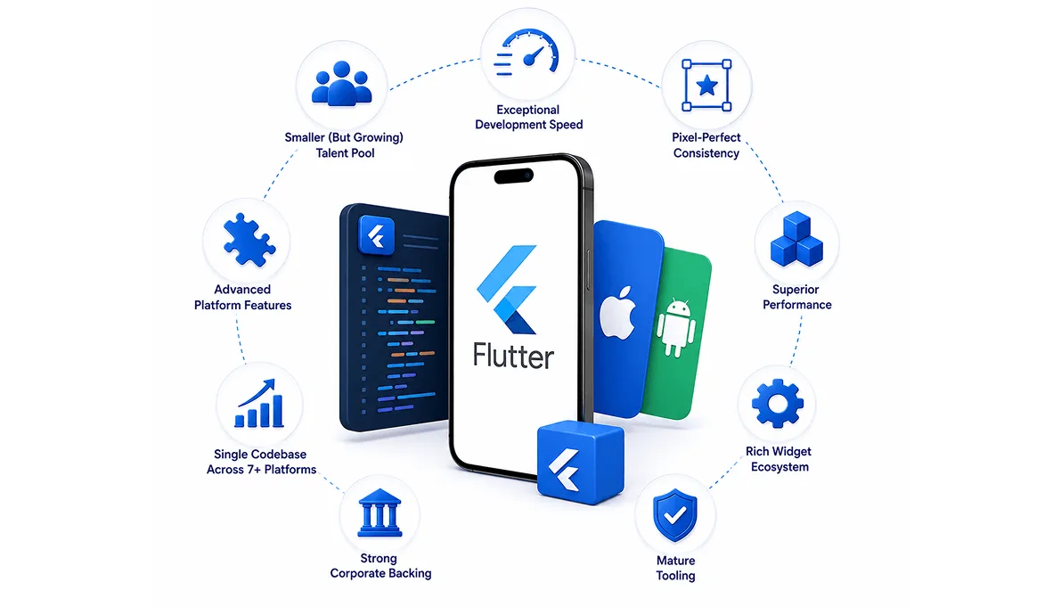 Illustration of a Flutter app showing its core strengths: smaller but growing talent pool, exceptional development speed, pixel-perfect consistency, superior performance, rich widget ecosystem, mature tooling, strong corporate backing, single codebase across 7+ platforms, and advanced platform features