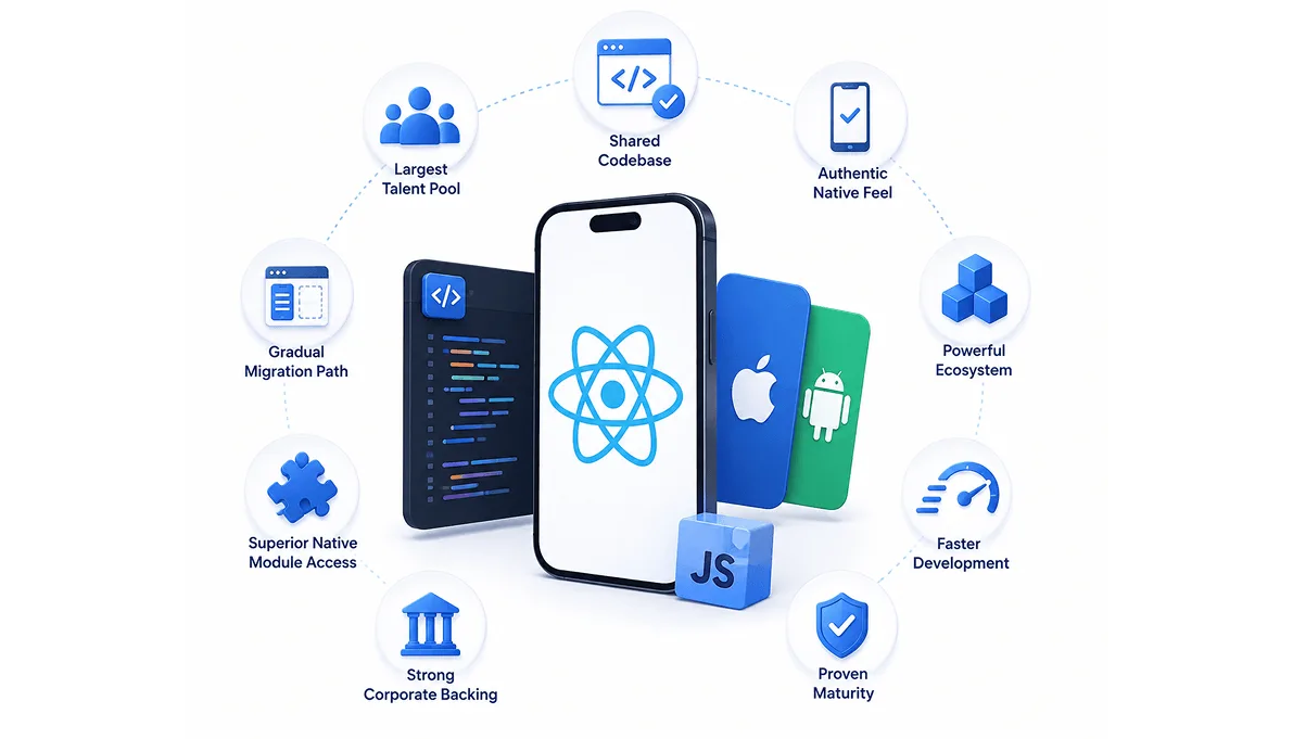Illustration of a React Native app showing its core strengths: largest talent pool, shared codebase, authentic native feel, powerful ecosystem, faster development, strong corporate backing, superior native module access, proven maturity, and gradual migration path